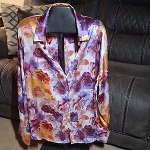 Fashion Nova Floral Satin Blouse - Purple and Yellow